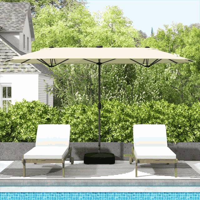 13FT Double-sided Patio Umbrella with Base, 36 Solar LED Lights & Crank Handle, Large Twin Table Umbrella for Poolside, Outdoor Dining