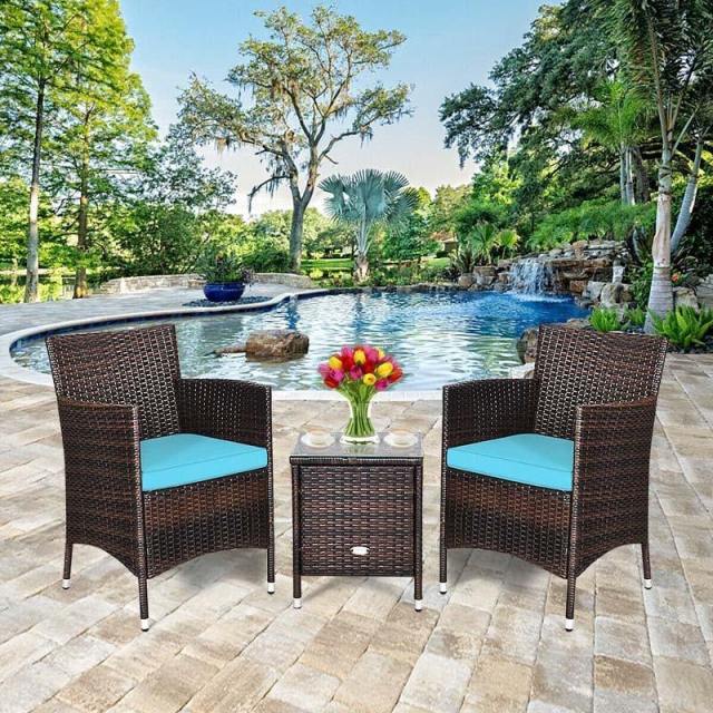 Bestoutdor 3 Piece Patio Rattan Furniture Set, Outdoor Wicker Bistro Set with Cushions & Glass Top Coffee Table for Garden, Porch, Lawn