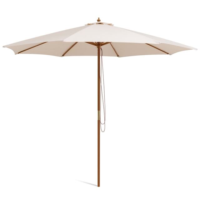 10FT Wooden Patio Umbrella with Rope Pulley Lift, 3 Height Adjustments, 8 Bamboo Ribs, Vented Roof Outdoor Table Umbrella for Poolside, Backyard