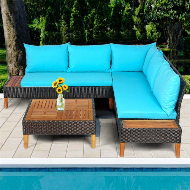 4 Piece Acacia Wood Patio Furniture Set, Outdoor Rattan Sectional Sofa with Cushions, Loveseat, Side Table, Coffee Table for Backyard Garden