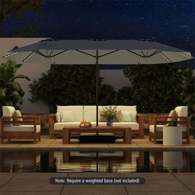 15.5FT Extra Large Patio Umbrella with 144 Solar LED Lights & Crank Handle, 12 Heavy-Duty Ribs Double-Sided Market Umbrella for Deck, Poolside