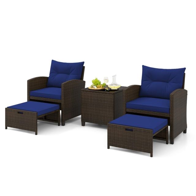 5-Piece Patio Rattan Furniture Set, Cushioned Wicker Chairs with 2 Ottomans & Glass Coffee Table, Outdoor Sectional for Porch Backyard Poolside