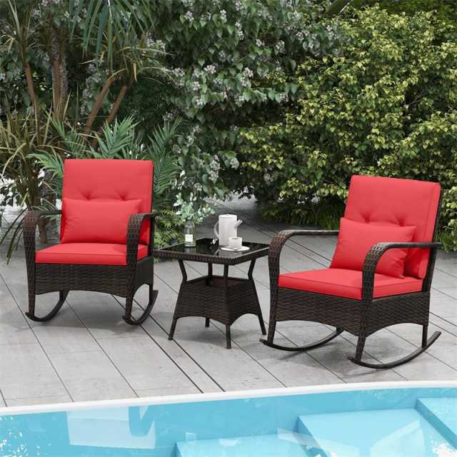 3-Piece PE Rattan Rocking Bistro Set with Removable Cushions & Tempered Glass Table, Outdoor Patio Furniture Set for Porch, Poolside, Backyard