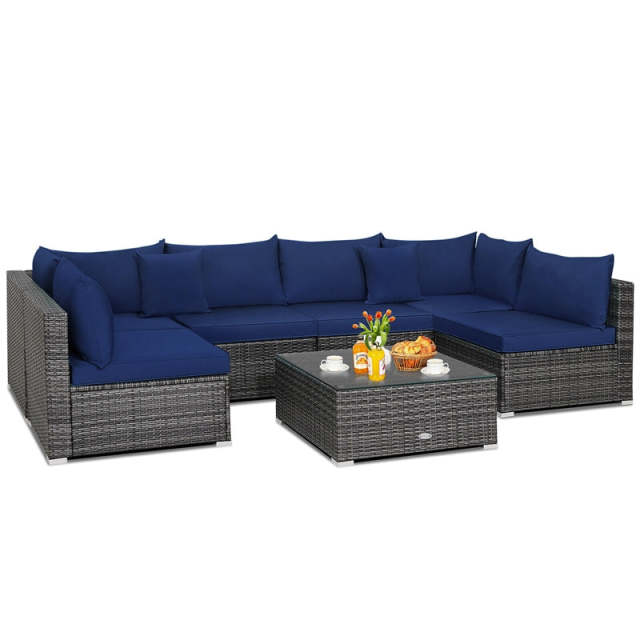 7PCS PE Rattan Modular Outdoor Sectional Set with Tempered Glass Top Table & Cushions, Patio Sofa Furniture for Backyard, Poolside Garden