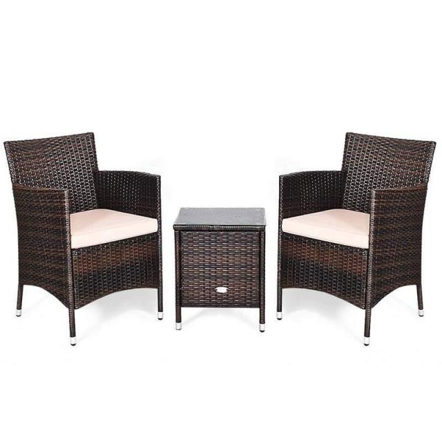 Bestoutdor 3 Piece Patio Rattan Furniture Set, Outdoor Wicker Bistro Set with Cushions & Glass Top Coffee Table for Garden, Porch, Lawn