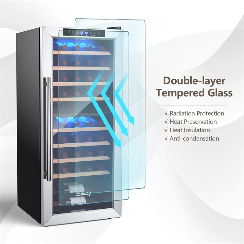 20" Dual Zone Wine Cooler Refrigerator, 43-Bottle Freestanding Built-in Wine Fridge with Temperature Control, Wood Shelves, Glass Door for Home Bars