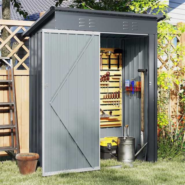 5x3FT Outdoor Storage Shed, Galvanized Steel Garden Tool House with Sloped Roof & Lockable Door, Weatherproof for Patio, Backyard, Trash Can Storage