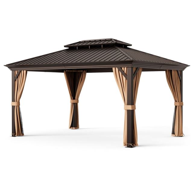 12' x 16' Double-Roof Hardtop Gazebo with Galvanized Steel Roof, Curtains & Netting, Aluminum Outdoor Permanent Gazebo Pavilion for Backyard Patio