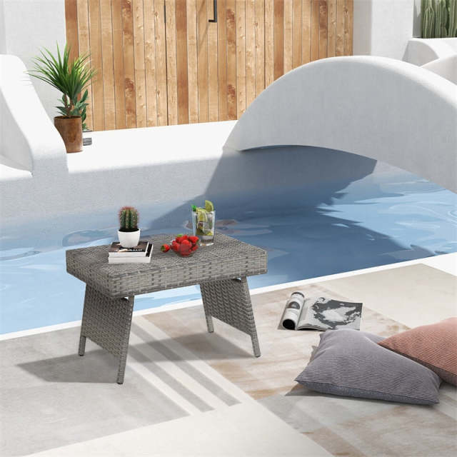 Patio Folding PE Rattan Side Table, Portable Wicker Coffee Table & Bistro Table with Steel Frame for Poolside, Lawn & Outdoor Living