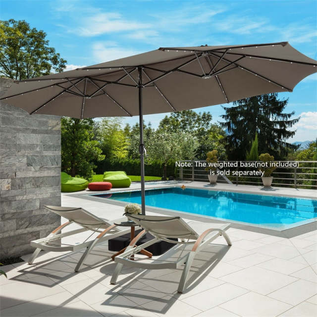 15FT Double-Sided Patio Umbrella with 48 Solar LED Lights & Crank Handle, Extra Large Outdoor Market Umbrella for Poolside, Deck, Backyard