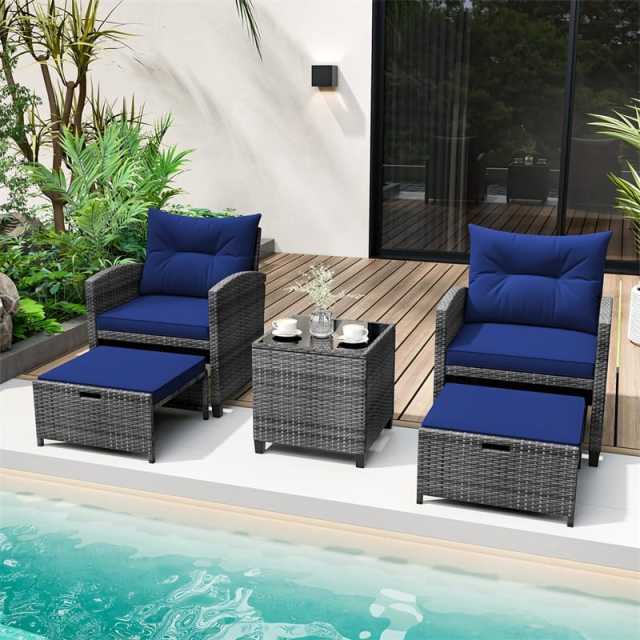 5-Piece Patio Rattan Furniture Set, Wicker Cushioned Chairs with 2 Ottomans & Tempered Glass Coffee Table for Backyard, Lawn, Poolside, Deck