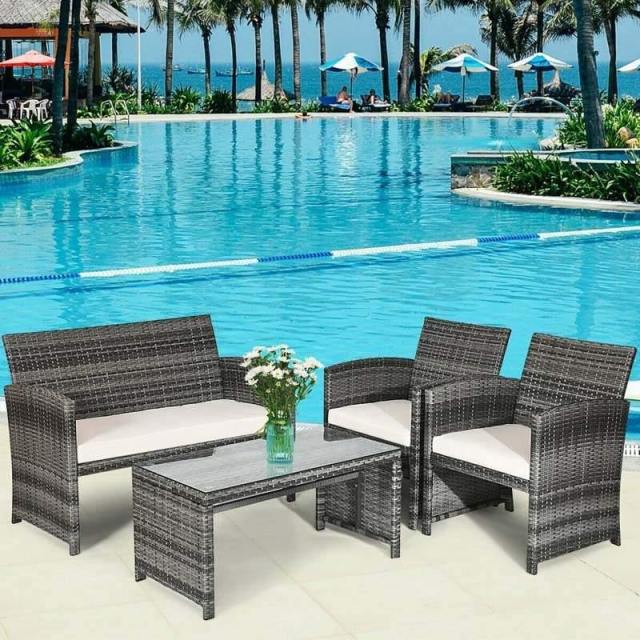 4-Piece Patio Wicker Conversation Set, Outdoor Rattan Sofa Chairs with Cushions & Tempered Glass Coffee Table for Balcony, Backyard, Garden