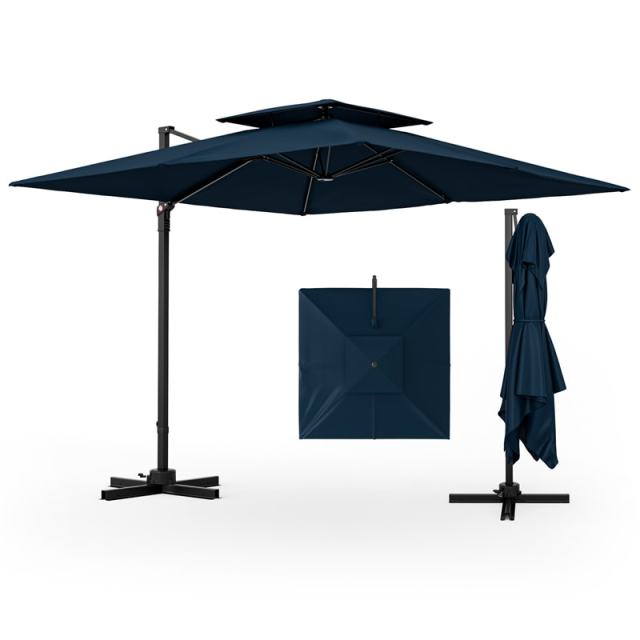 9.5FT Double Top Cantilever Umbrella, Heavy Duty Offset Hanging Patio Umbrella Square Outdoor Umbrella with 360° Rotation & Cross Base