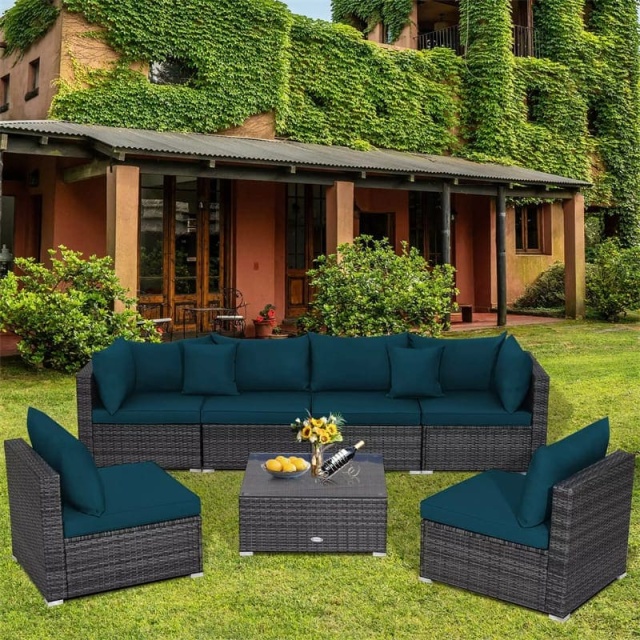 7PCS PE Rattan Modular Outdoor Sectional Set with Tempered Glass Top Table & Cushions, Patio Sofa Furniture for Backyard, Poolside Garden