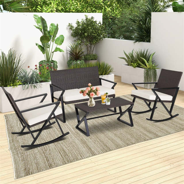 4PCS Wicker Rocking Patio Furniture Set Heavy Duty PE Rattan Outdoor Rocking Chairs Set with Cushions, Loveseat & Coffee Table for Porch Balcony