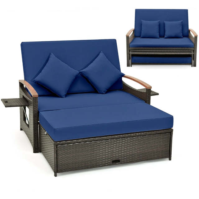 Patio Rattan Daybed Set with Cushioned Loveseat, Storage Ottoman, Retractable Side Tray, Backrest Adjustable Outdoor Double Chaise Lounge