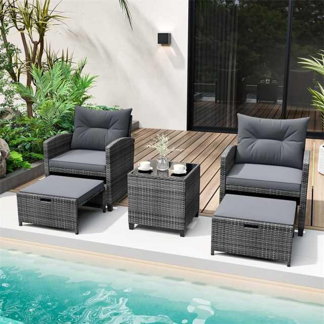 5-Piece Patio Rattan Furniture Set, Wicker Cushioned Chairs with 2 Ottomans & Tempered Glass Coffee Table for Backyard, Lawn, Poolside, Deck