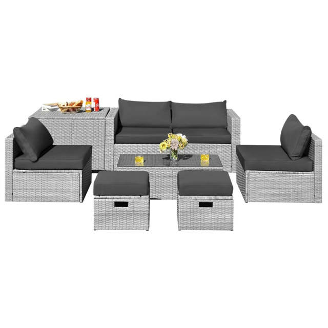 8 Piece Patio Furniture Set, PE Rattan Sectional Sofa Set with Storage Box, Ottomans, Coffee Table, Waterproof Cushions for Poolside/Balcony