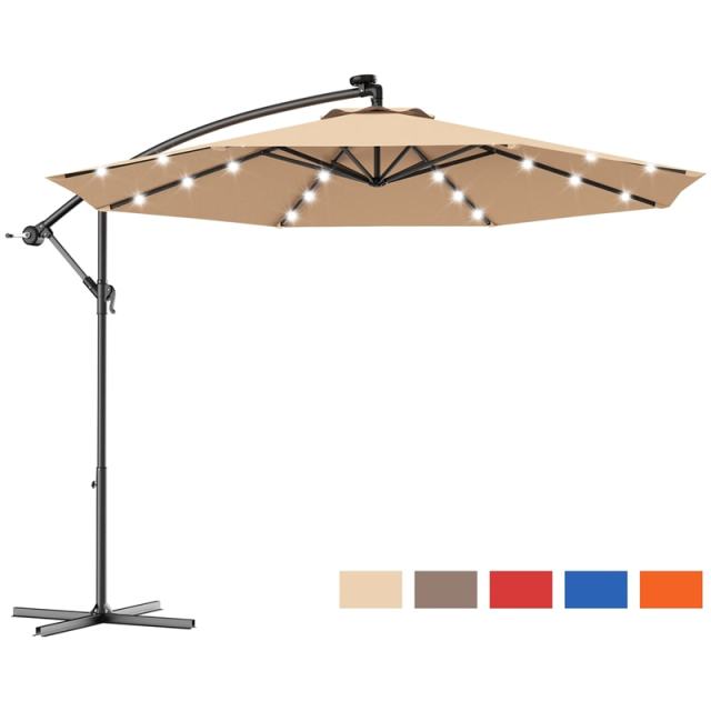 10' Solar LED Offset Patio Umbrella Hanging Market Umbrella Sun Shade with Heavy-Duty Cross Base