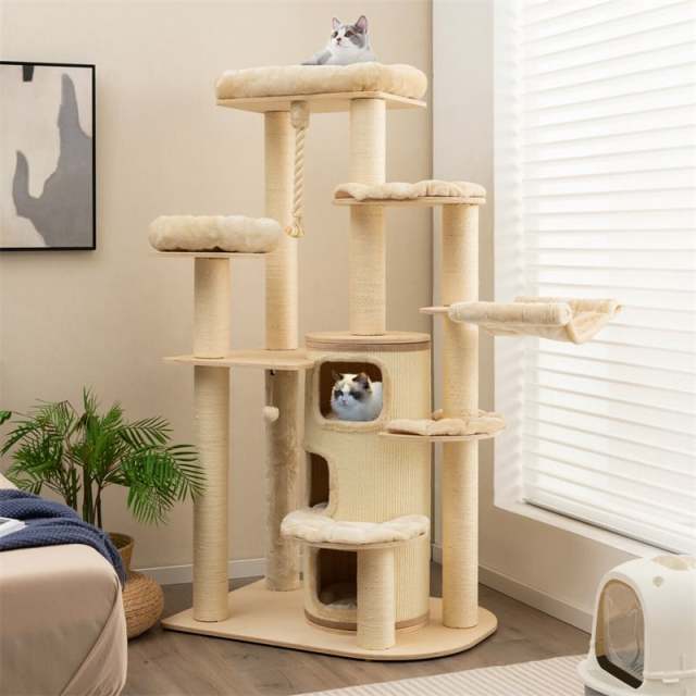 67" Tall Cat Tree, Modern Multi-Level Cat Tower with 3-Story Condo, 2 Perch, Hammock, Sisal Posts & Hanging Play Rope for Large Indoor Cats 20 lbs