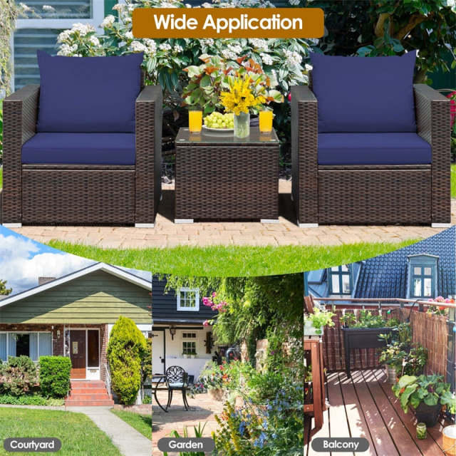 3 Piece Patio Conversation Set, Outdoor Rattan Sofa Furniture Set with Washable Cushions & Tempered Glass Coffee Table for Poolside Backyard