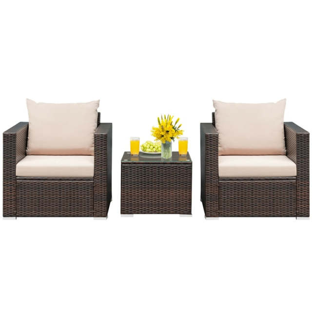 3 Piece Patio Conversation Set, Outdoor Rattan Sofa Furniture Set with Washable Cushions & Tempered Glass Coffee Table for Poolside Backyard