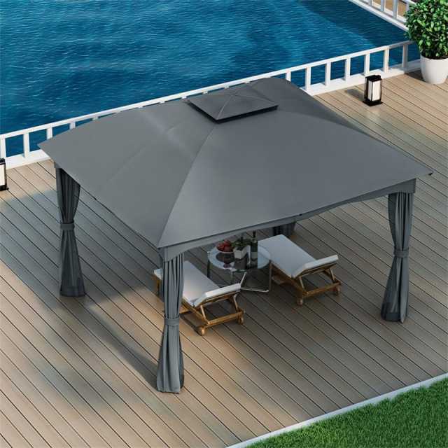 2 x 10FT Heavy Duty Steel Patio Gazebo, Double Vented Outdoor Canopy with Mesh Screen Netting & Zippered Privacy Curtains for Deck Garden Yard