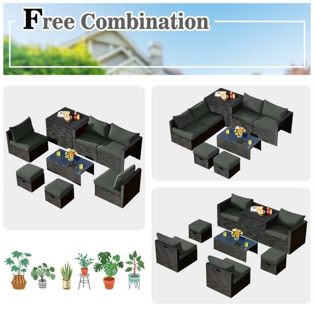 8PCS Wicker Outdoor Sectional Set, Patio Rattan Furniture Set with Storage Box, Coffee Table, Sofas, Ottomans, Cushions & Waterproof Cover