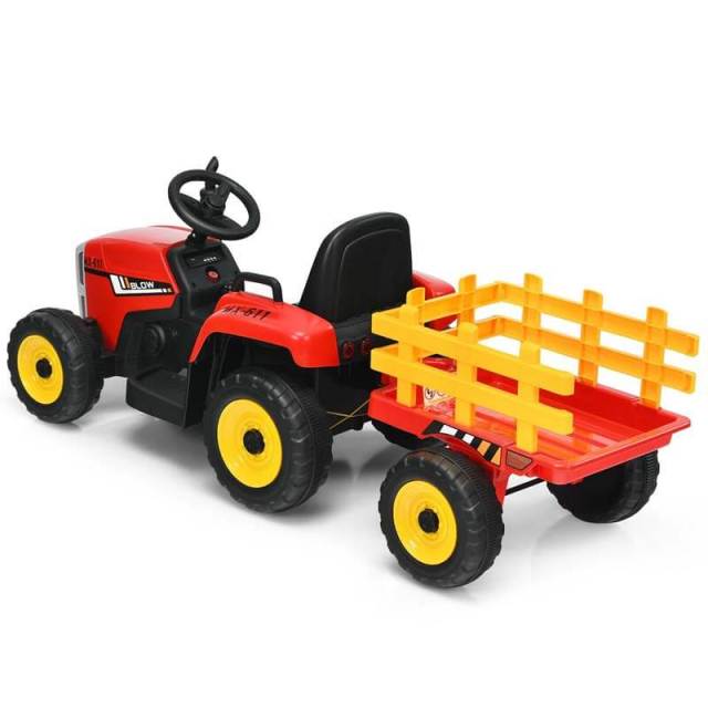12V Kids Ride-On Tractor with Detachable Trailer, 3-Gear Ground Loader, LED Lights, Remote Control, Battery Powered Tractor Toy for Ages 3+