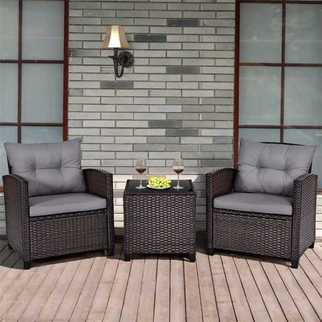 3PCS Rattan Patio Furniture Set with Washable Cushions & Tempered Glass Coffee Table, Outdoor Wicker Conversation Set for Garden, Balcony