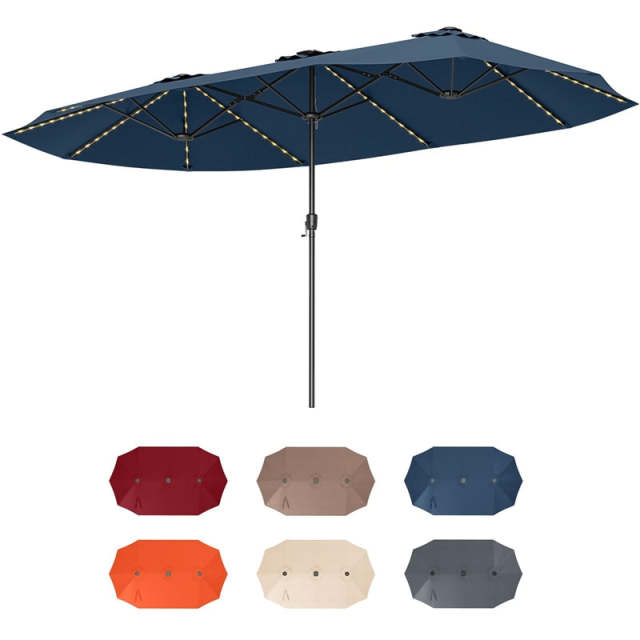 15.5FT Extra Large Patio Umbrella with 144 Solar LED Lights & Crank Handle, 12 Heavy-Duty Ribs Double-Sided Market Umbrella for Deck, Poolside