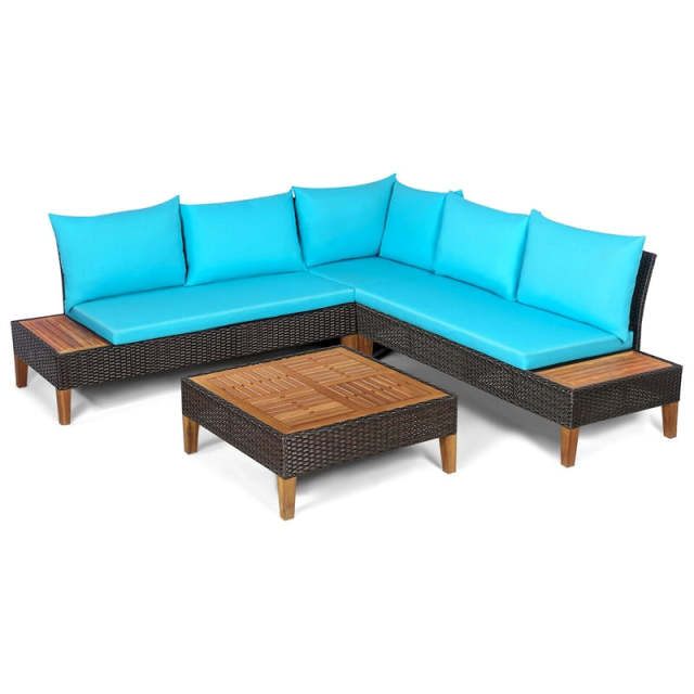 4 Piece Acacia Wood Patio Furniture Set, Outdoor Rattan Sectional Sofa with Cushions, Loveseat, Side Table, Coffee Table for Backyard Garden