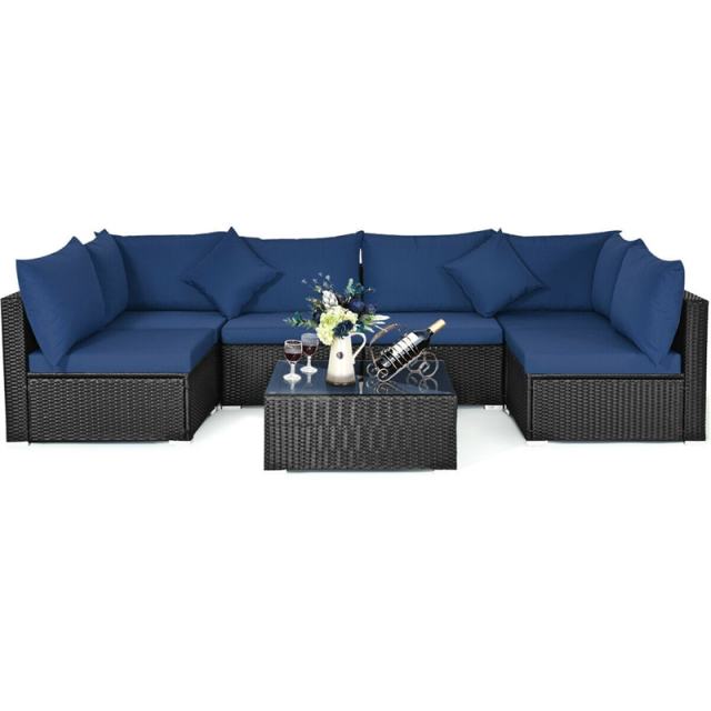7-Piece PE Rattan Outdoor Sectional Sofa with Tempered Glass Top Table & Cushions, Wicker Patio Furniture Set for Garden Poolside Balcony