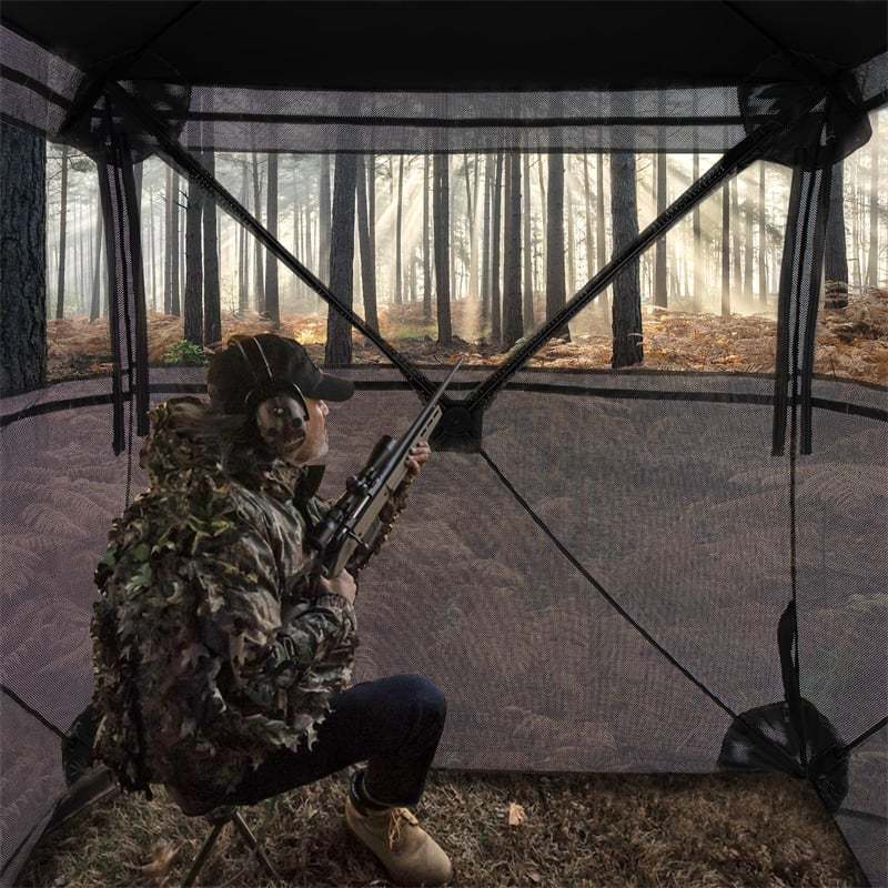 One-Way See-Through Hunting Blind 360 Degree Ground Blind 2-3 Person Camouflage Turkey Hunting Tent with Full-Open Door, Carrying Bag