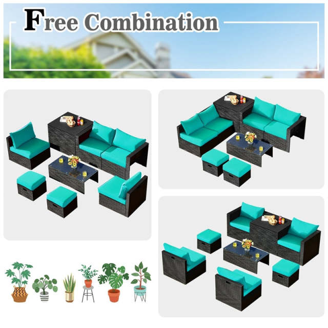 8PCS Wicker Outdoor Sectional Set, Patio Rattan Furniture Set with Storage Box, Coffee Table, Sofas, Ottomans, Cushions & Waterproof Cover