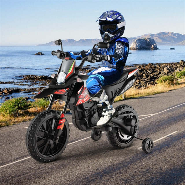 12V Kids Ride On Motorcycle, Licensed Aprilia Electric Dirt Bike with Training Wheels & Headlights, Battery Powered Ride On Car for Ages 3+