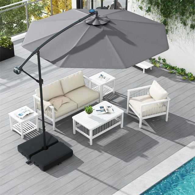 10FT Solar Offset Patio Umbrella, Hanging Cantilever Umbrella with 32 LED Lights, Adjustable Tilt, Sand Bag Base for Garden, Poolside, Yard