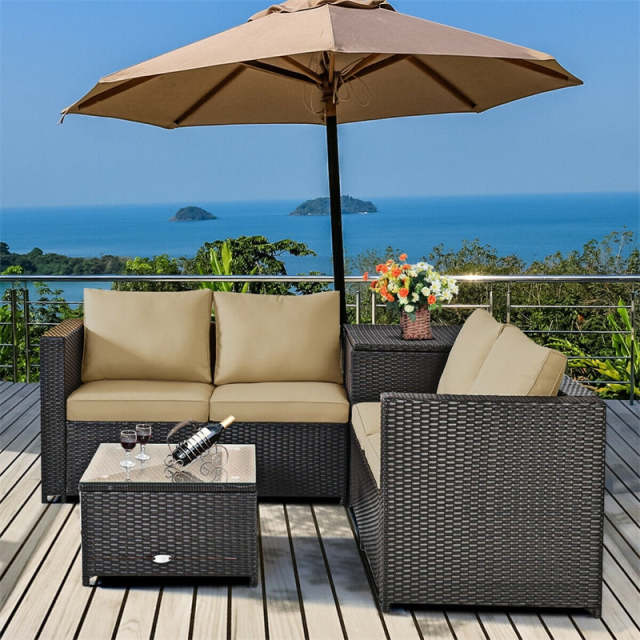 4 Piece Rattan Patio Conversation Furniture Set with Loveseat, Storage Box, Glass Top Coffee Table & Waterproof Cover for Garden, Poolside