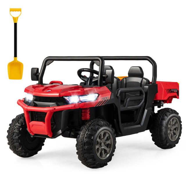 2-Seater Ride On Kids Car, 12V Off-Road UTV Electric Dump Truck with Remote, Dump Bed, Shovel & Rocking Function, Toddler Battery Ride On Toy