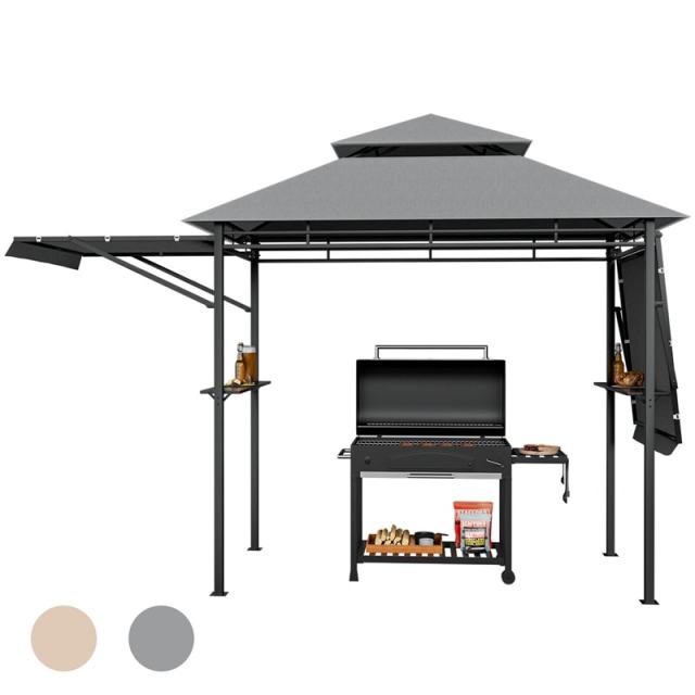 13.5x4FT Heavy-Duty Steel Grill Gazebo with Dual Side Awnings & Storage Shelves, Flame-Retardant 2-Tier Canopy Gazebo for Patio Backyard Garden