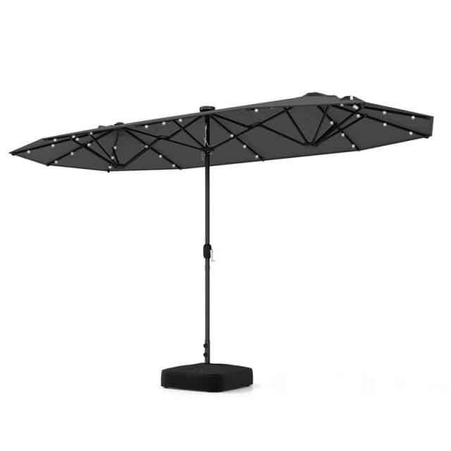 13FT Double-sided Patio Umbrella with Base, 36 Solar LED Lights & Crank Handle, Large Twin Table Umbrella for Poolside, Outdoor Dining