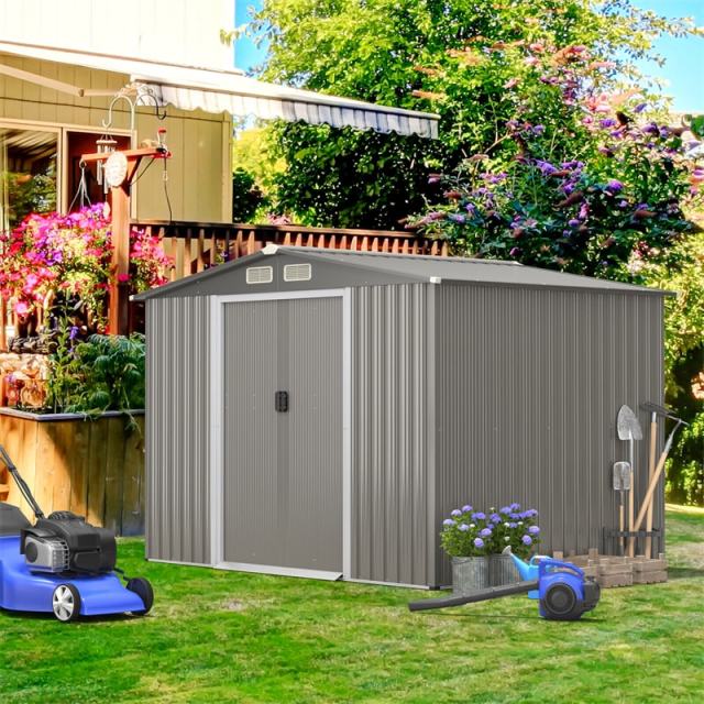 8' x 6' Outdoor Storage Shed, Galvanized Steel Garden Tool House with Floor, Lockable Sliding Doors & Air Vent for Backyard Patio Lawn