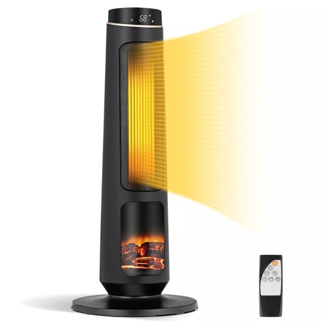 1500W Electric Space Heater, 30" PTC Ceramic Tower Heater with 3D Flame, Remote Control  & 80° Oscillating for Large Rooms, Living Room, Bedroom