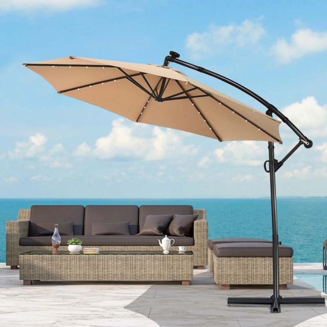 10FT Offset Patio Umbrella Solar Powered LED Outdoor Market Umbrella 360 Degree Rotation with Crank Handle & Cross Base