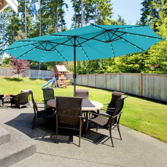 15FT Double-Sided Patio Umbrella with 48 Solar LED Lights & Crank Handle, Extra Large Outdoor Market Umbrella for Poolside, Deck, Backyard