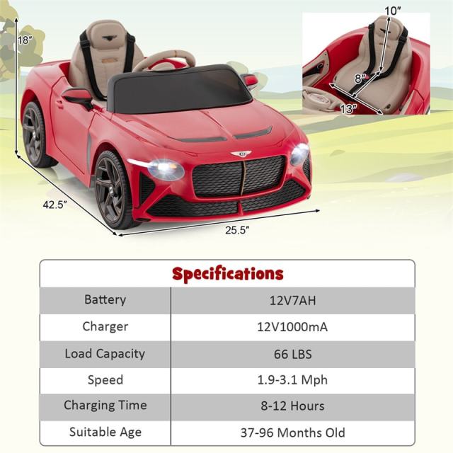 12V Kids Ride-on Car, Licensed Bentley Bacalar Electric Vehicle with Remote Control, LED Lights, Wireless Connection & Sound for 3+ Years Old