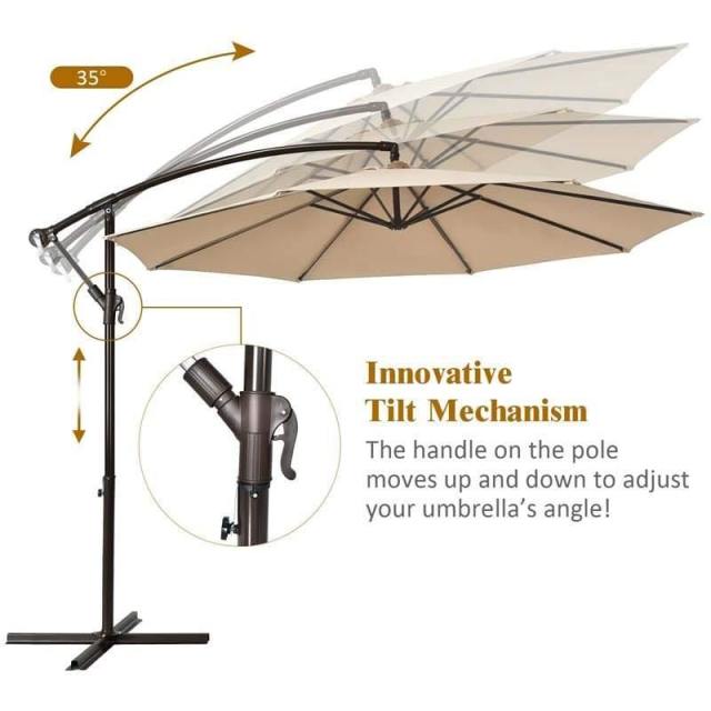 10FT Cantilever Umbrella Offset Hanging Patio Umbrella 8 Steel Ribs Outdoor Market Umbrella with Cross Base, Crank & Tilt Adjustment