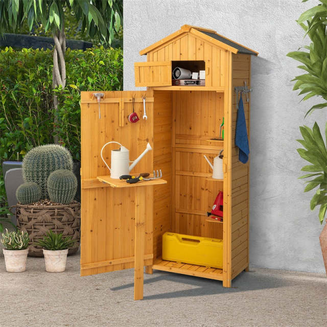 71" Tall Wooden Storage Shed with Lockable Doors & Foldable Work Table, Waterproof Outdoor Cabinet with Removable Shelves for Patio, Backyard, Deck