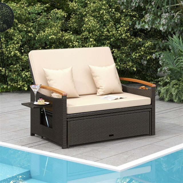 Patio Rattan Daybed Set with Cushioned Loveseat, Storage Ottoman, Retractable Side Tray, Backrest Adjustable Outdoor Double Chaise Lounge