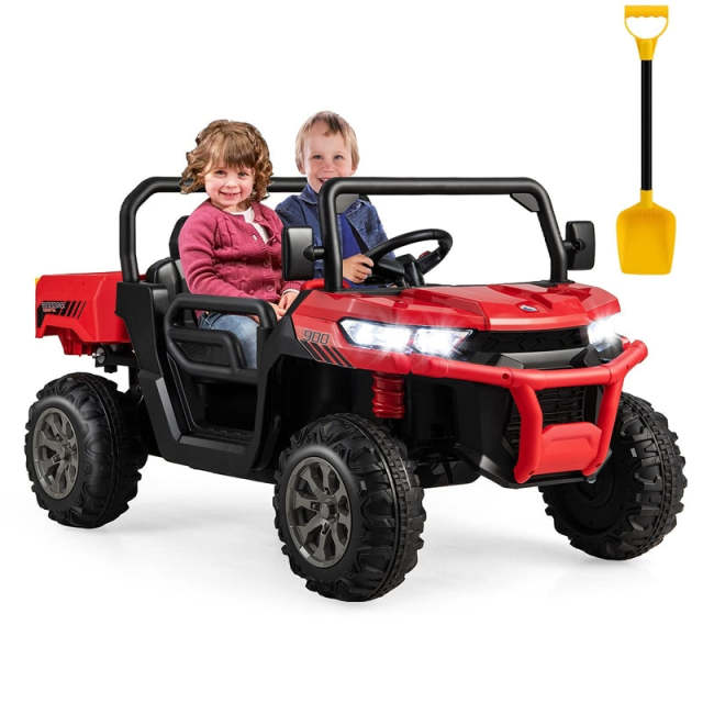 2-Seater Ride On Kids Car, 12V Off-Road UTV Electric Dump Truck with Remote, Dump Bed, Shovel & Rocking Function, Toddler Battery Ride On Toy